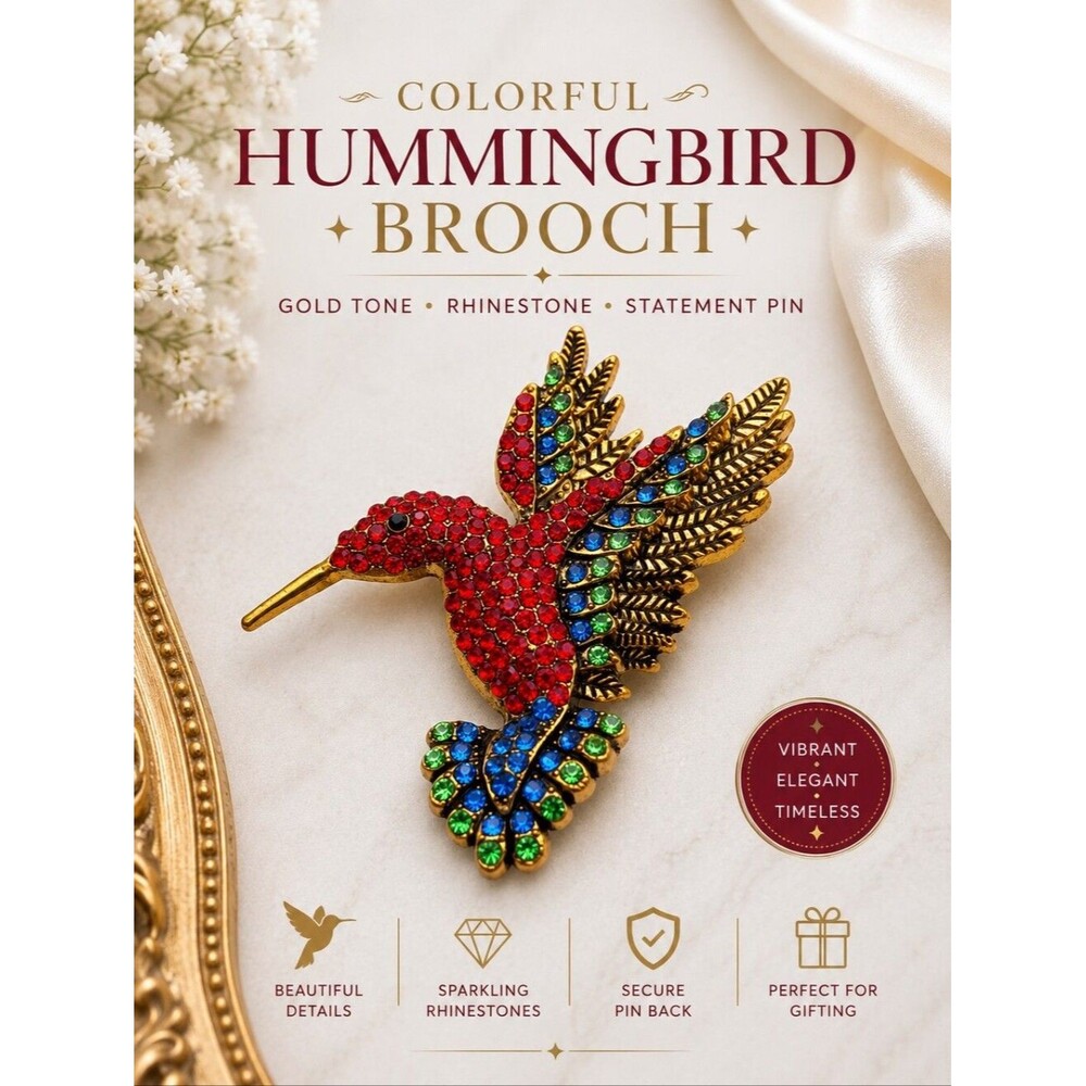 Colorful Hummingbird Brooch Gold Tone Rhinestone Bird Statement Pin